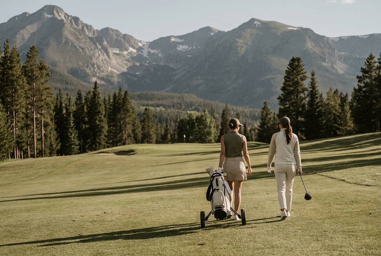 Two women walking an alpine fairway beneath the peaks above Breckenridge